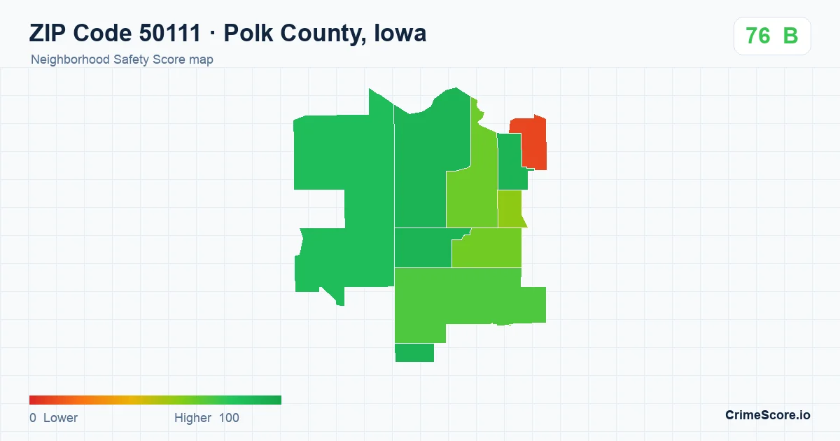 ZIP Code 50111 in Polk County, Iowa neighborhood Safety Score map
