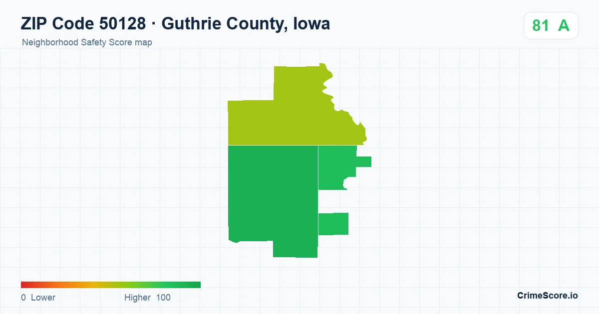 ZIP Code 50128 in Guthrie County, Iowa neighborhood Safety Score map