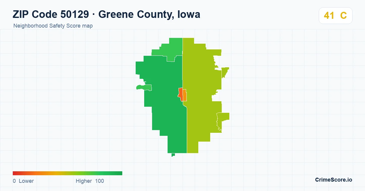 ZIP Code 50129 in Greene County, Iowa neighborhood Safety Score map