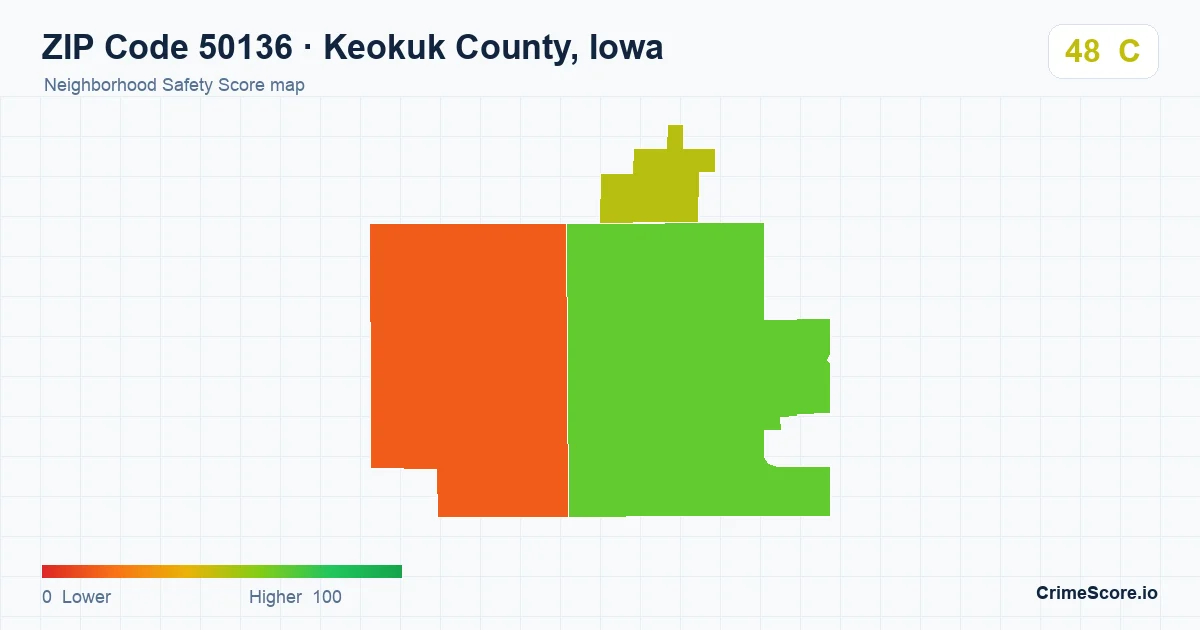 ZIP Code 50136 in Keokuk County, Iowa neighborhood Safety Score map
