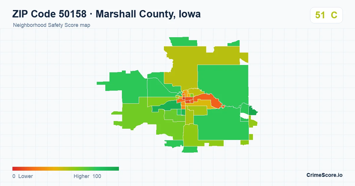 ZIP Code 50158 in Marshall County, Iowa neighborhood Safety Score map