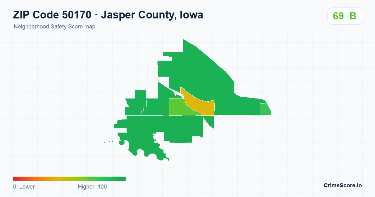 ZIP Code 50170 in Jasper County, Iowa neighborhood Safety Score map