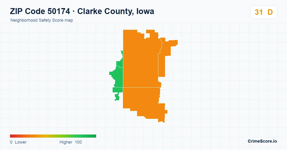 ZIP Code 50174 in Clarke County, Iowa neighborhood Safety Score map