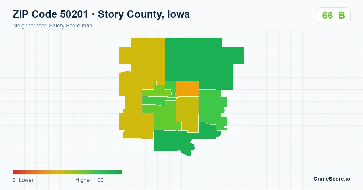 ZIP Code 50201 in Story County, Iowa neighborhood Safety Score map