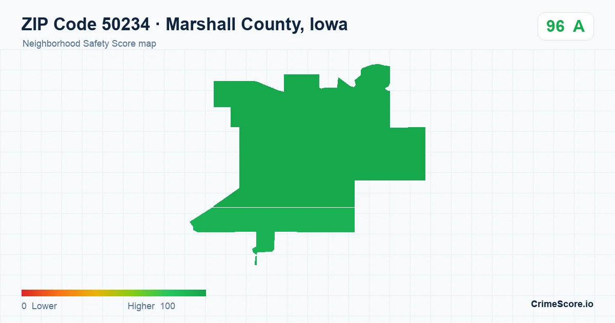 ZIP Code 50234 in Marshall County, Iowa neighborhood Safety Score map