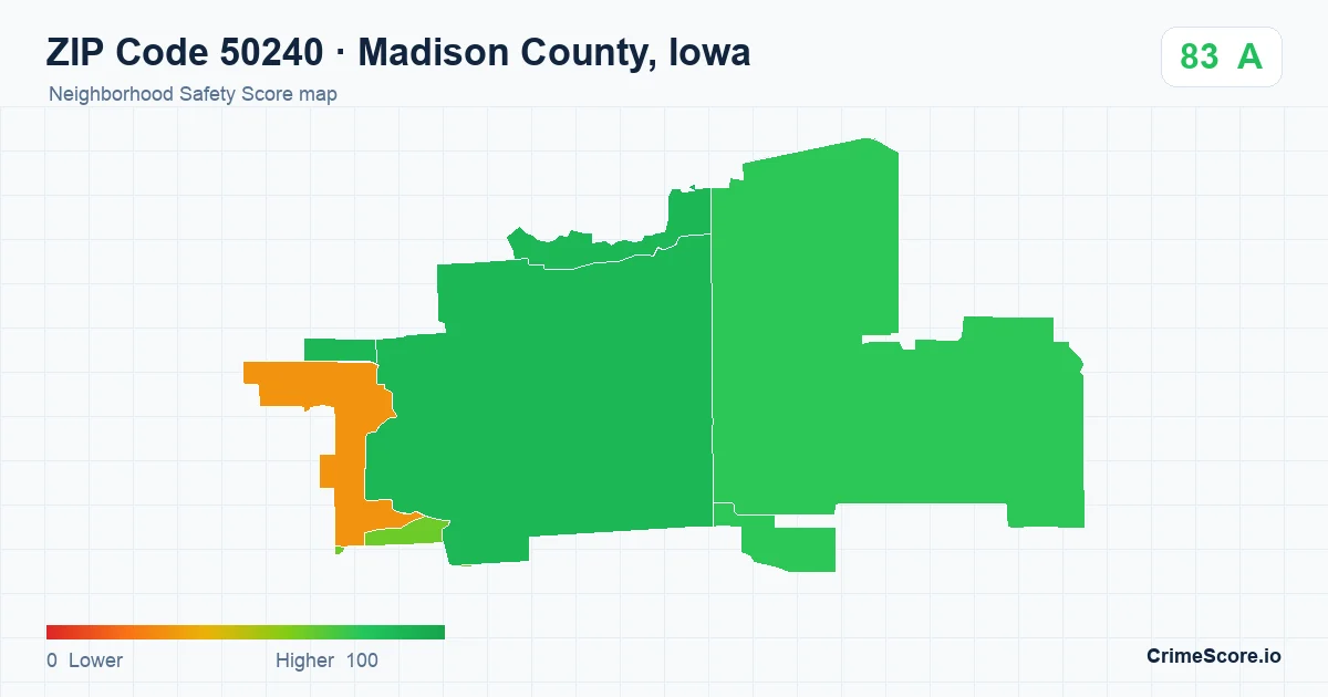 ZIP Code 50240 in Madison County, Iowa neighborhood Safety Score map
