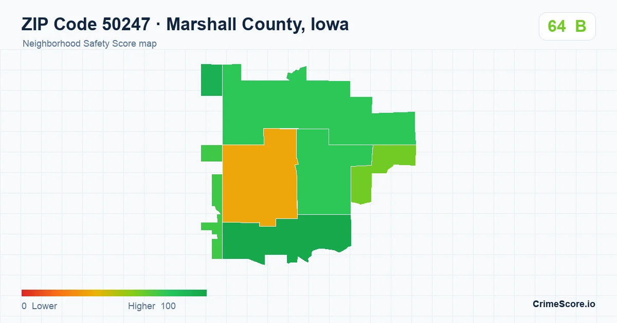 ZIP Code 50247 in Marshall County, Iowa neighborhood Safety Score map