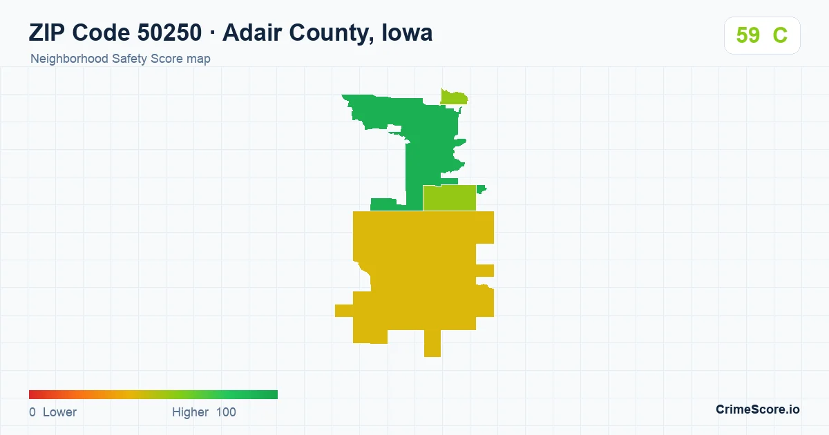 ZIP Code 50250 in Adair County, Iowa neighborhood Safety Score map