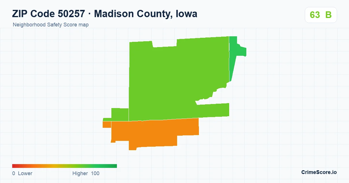 ZIP Code 50257 in Madison County, Iowa neighborhood Safety Score map