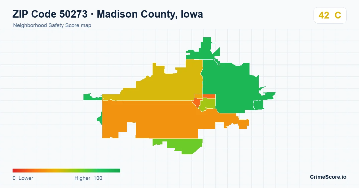 ZIP Code 50273 in Madison County, Iowa neighborhood Safety Score map