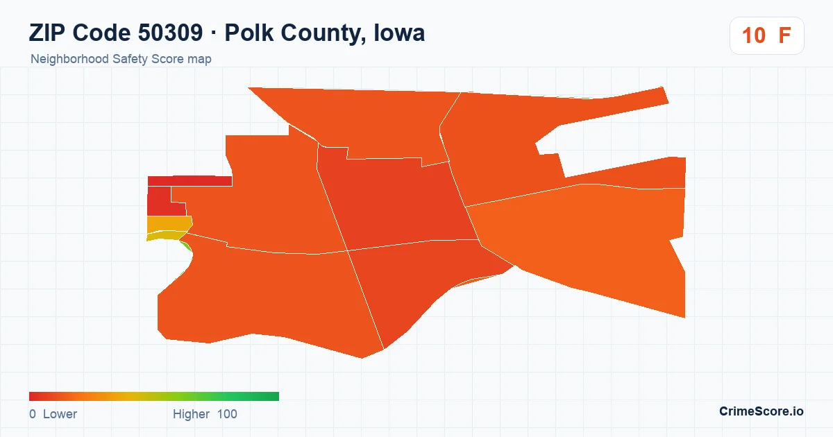ZIP Code 50309 in Polk County, Iowa neighborhood Safety Score map