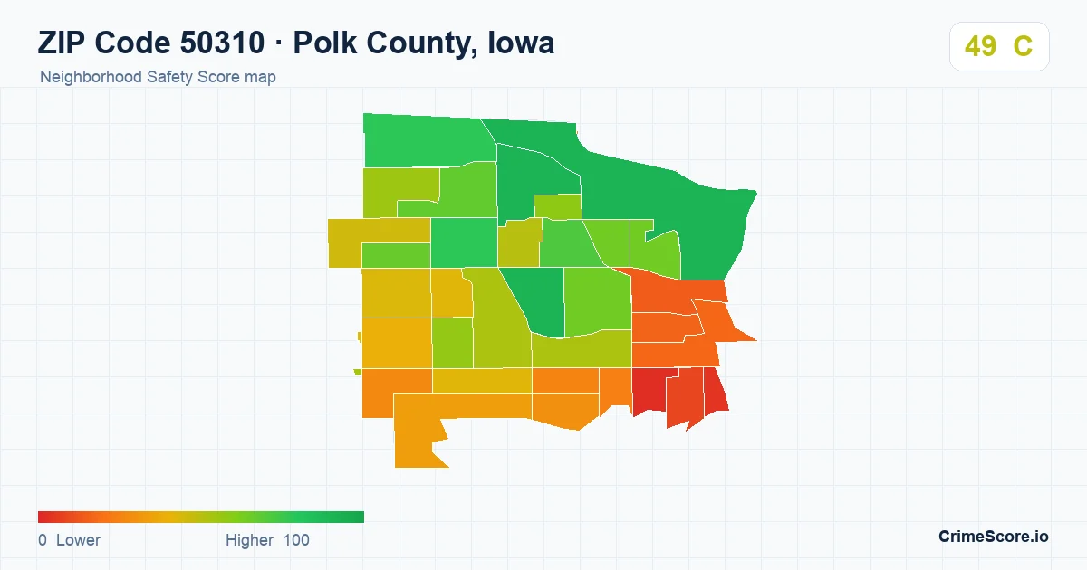 ZIP Code 50310 in Polk County, Iowa neighborhood Safety Score map