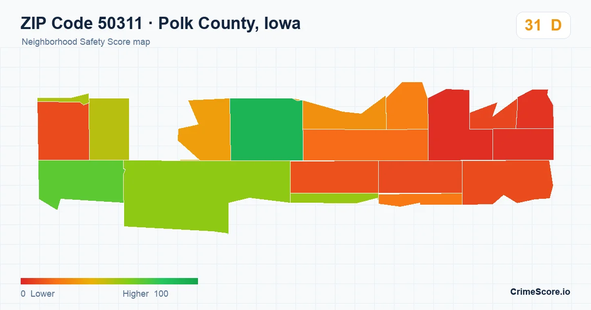 ZIP Code 50311 in Polk County, Iowa neighborhood Safety Score map