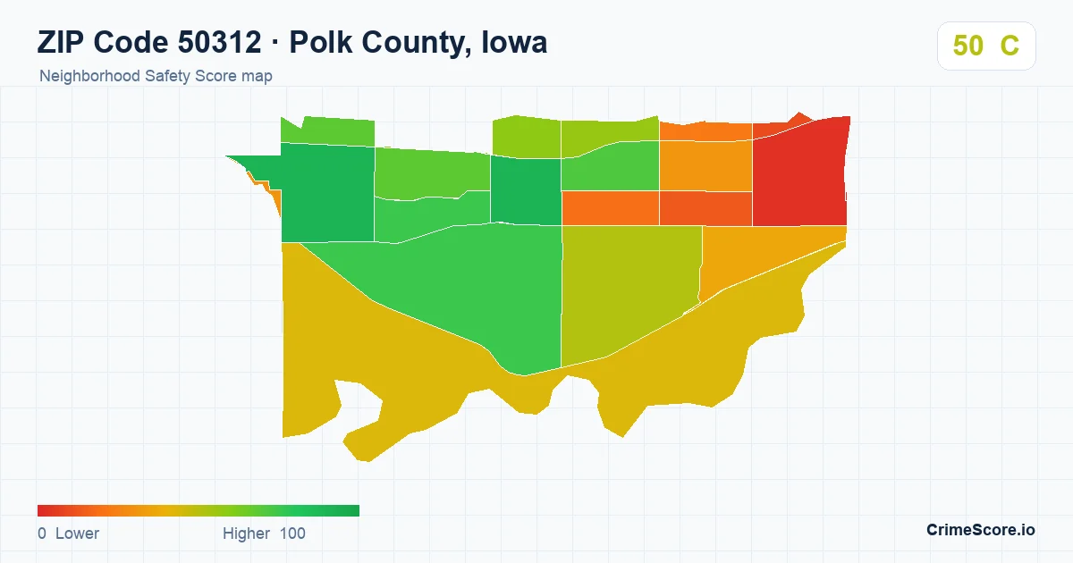 ZIP Code 50312 in Polk County, Iowa neighborhood Safety Score map