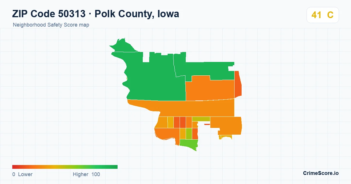 ZIP Code 50313 in Polk County, Iowa neighborhood Safety Score map