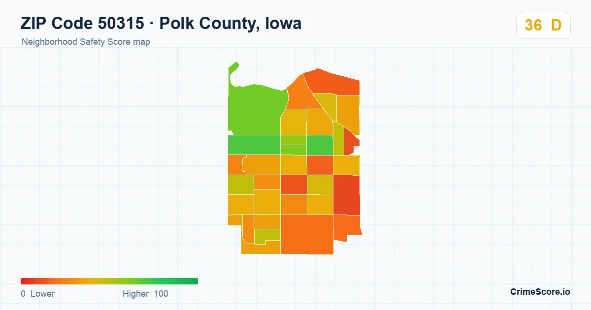 ZIP Code 50315 in Polk County, Iowa neighborhood Safety Score map