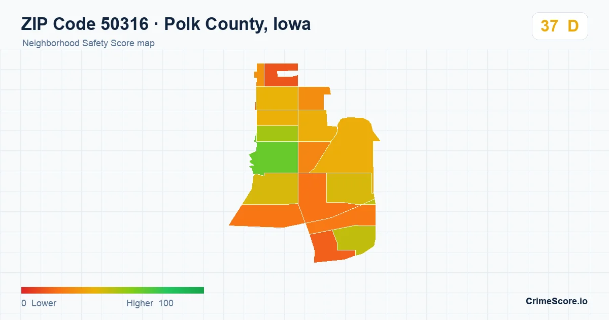 ZIP Code 50316 in Polk County, Iowa neighborhood Safety Score map