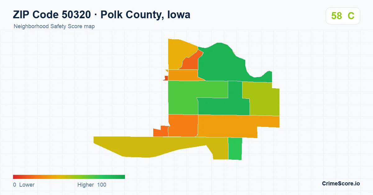 ZIP Code 50320 in Polk County, Iowa neighborhood Safety Score map
