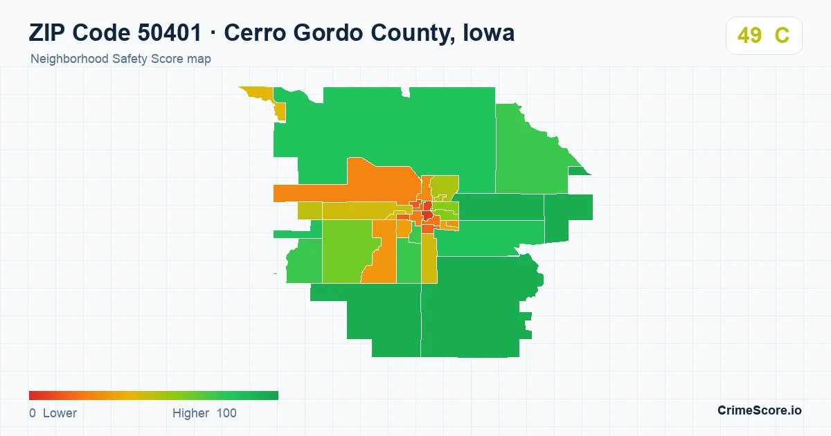 ZIP Code 50401 in Cerro Gordo County, Iowa neighborhood Safety Score map
