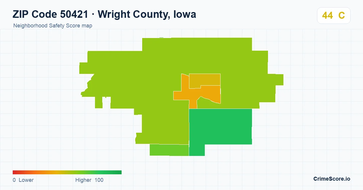 ZIP Code 50421 in Wright County, Iowa neighborhood Safety Score map