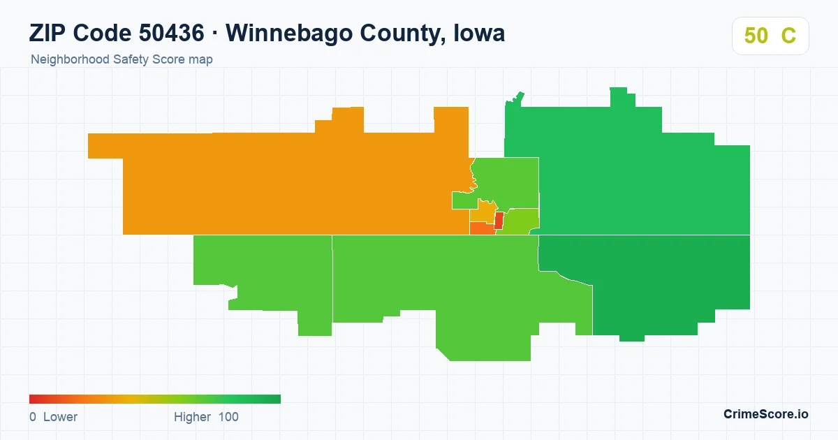 ZIP Code 50436 in Winnebago County, Iowa neighborhood Safety Score map