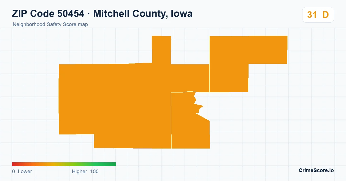 ZIP Code 50454 in Mitchell County, Iowa neighborhood Safety Score map