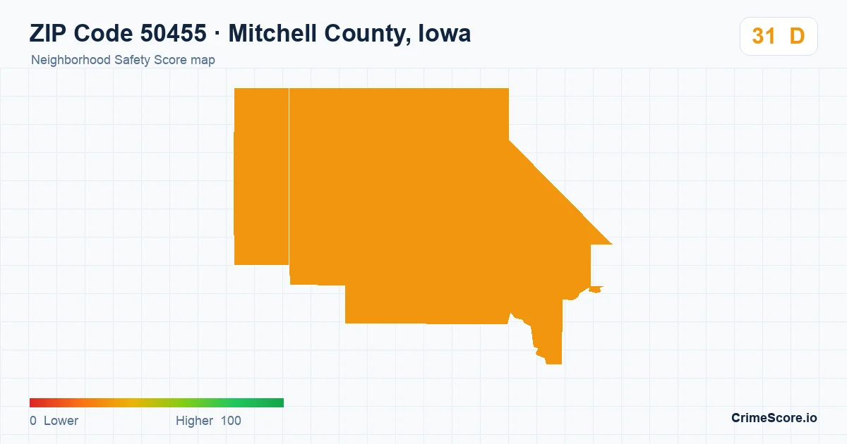 ZIP Code 50455 in Mitchell County, Iowa neighborhood Safety Score map