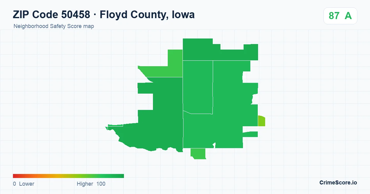 ZIP Code 50458 in Floyd County, Iowa neighborhood Safety Score map