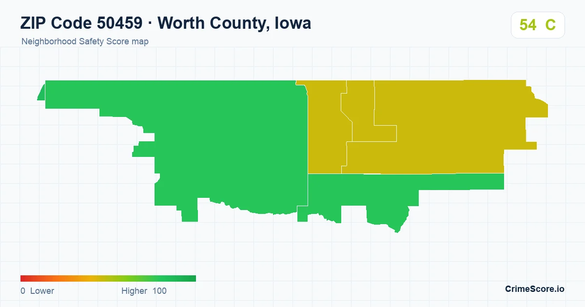 ZIP Code 50459 in Worth County, Iowa neighborhood Safety Score map