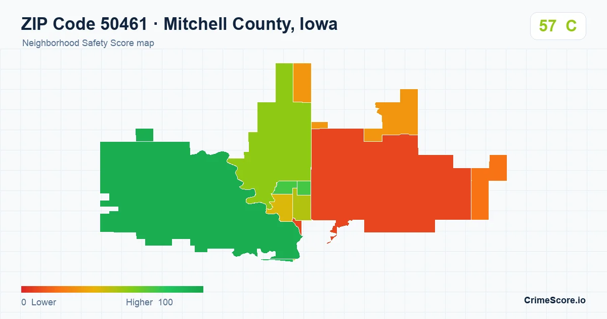ZIP Code 50461 in Mitchell County, Iowa neighborhood Safety Score map