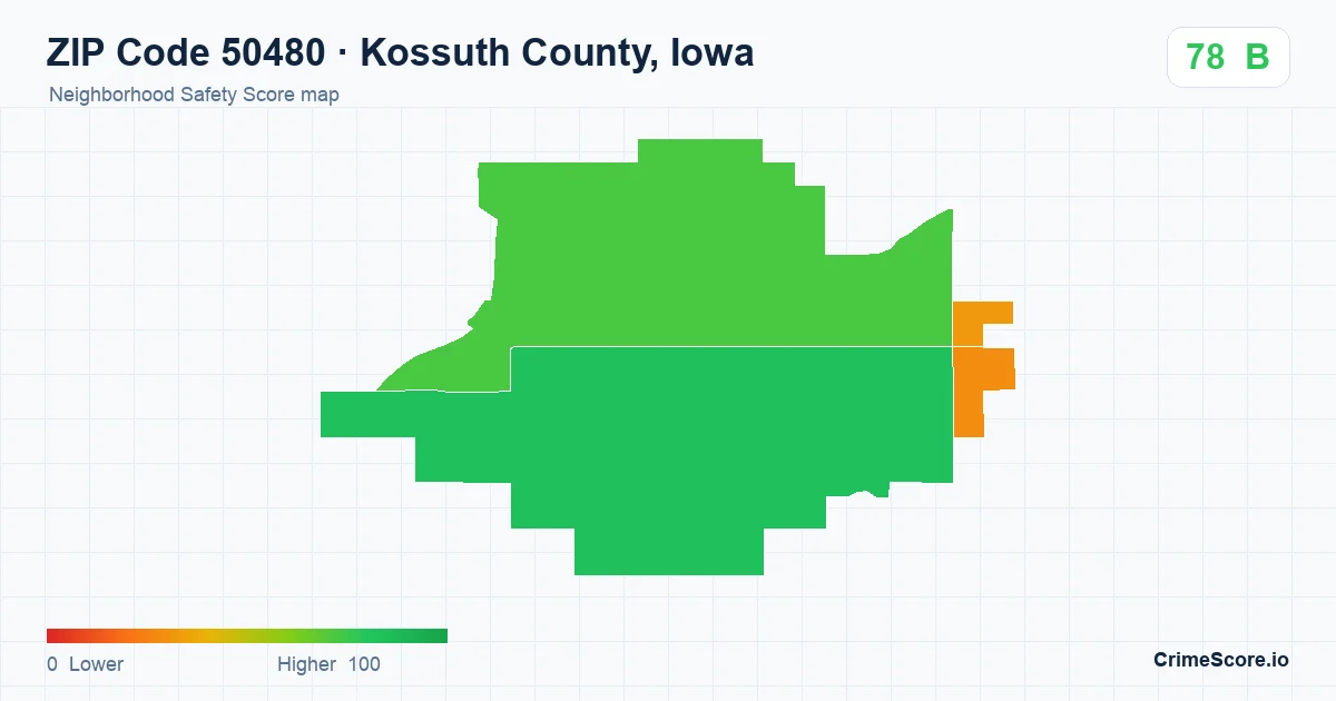 ZIP Code 50480 in Kossuth County, Iowa neighborhood Safety Score map
