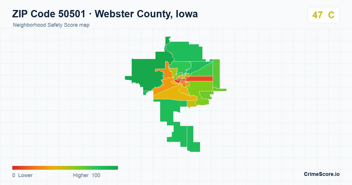 ZIP Code 50501 in Webster County, Iowa neighborhood Safety Score map