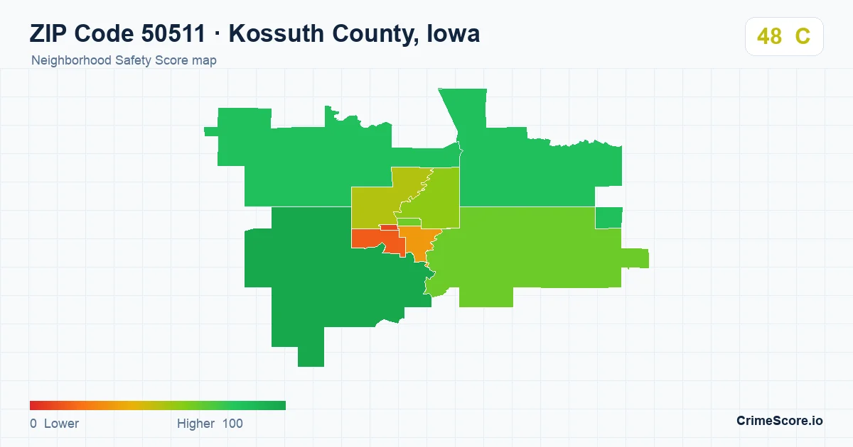 ZIP Code 50511 in Kossuth County, Iowa neighborhood Safety Score map