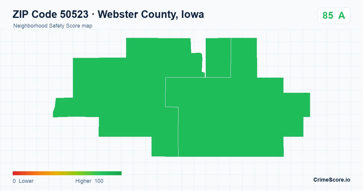 ZIP Code 50523 in Webster County, Iowa neighborhood Safety Score map