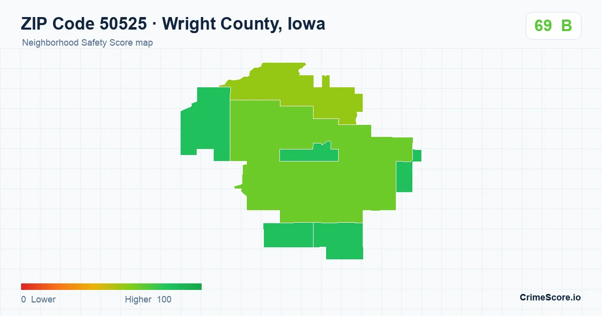 ZIP Code 50525 in Wright County, Iowa neighborhood Safety Score map