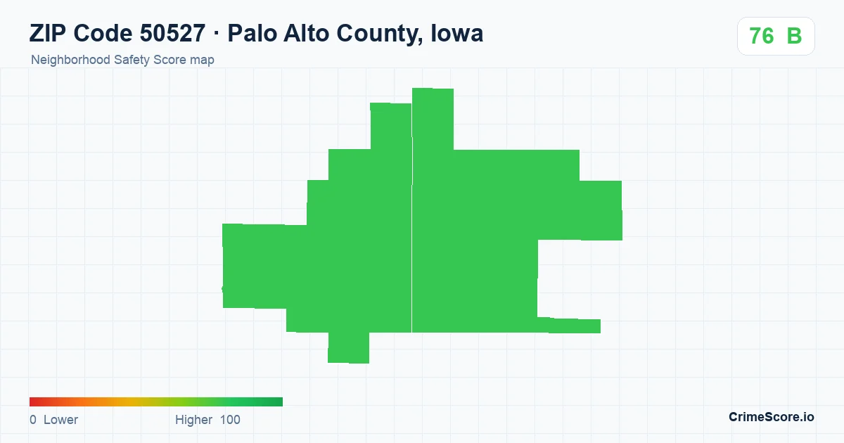 ZIP Code 50527 in Palo Alto County, Iowa neighborhood Safety Score map
