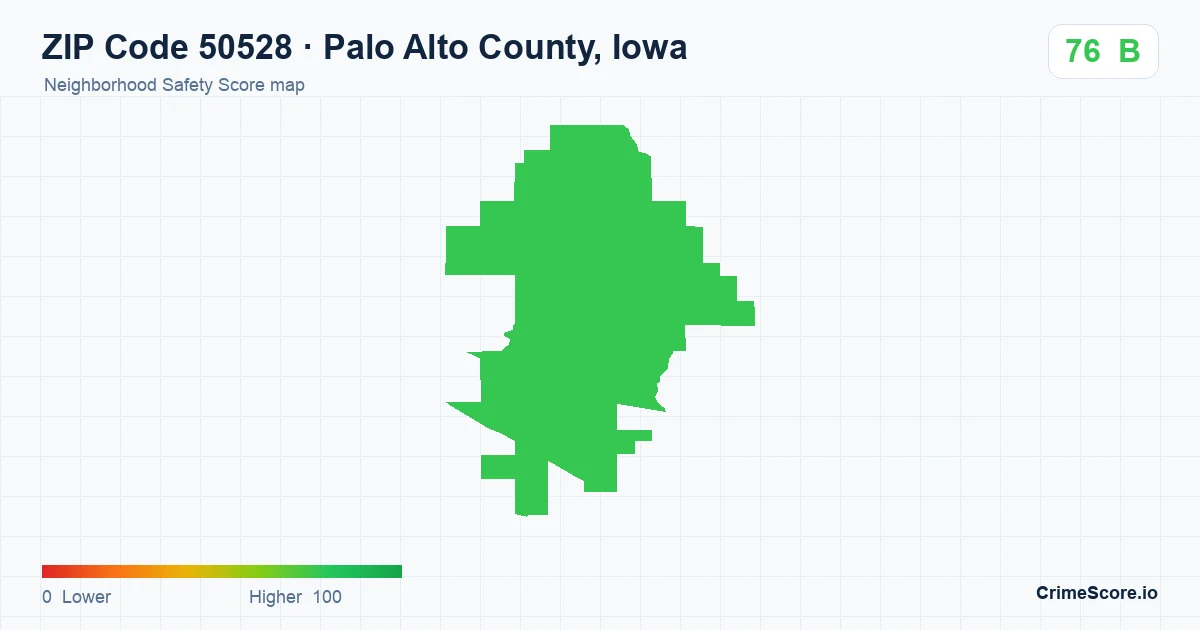 ZIP Code 50528 in Palo Alto County, Iowa neighborhood Safety Score map