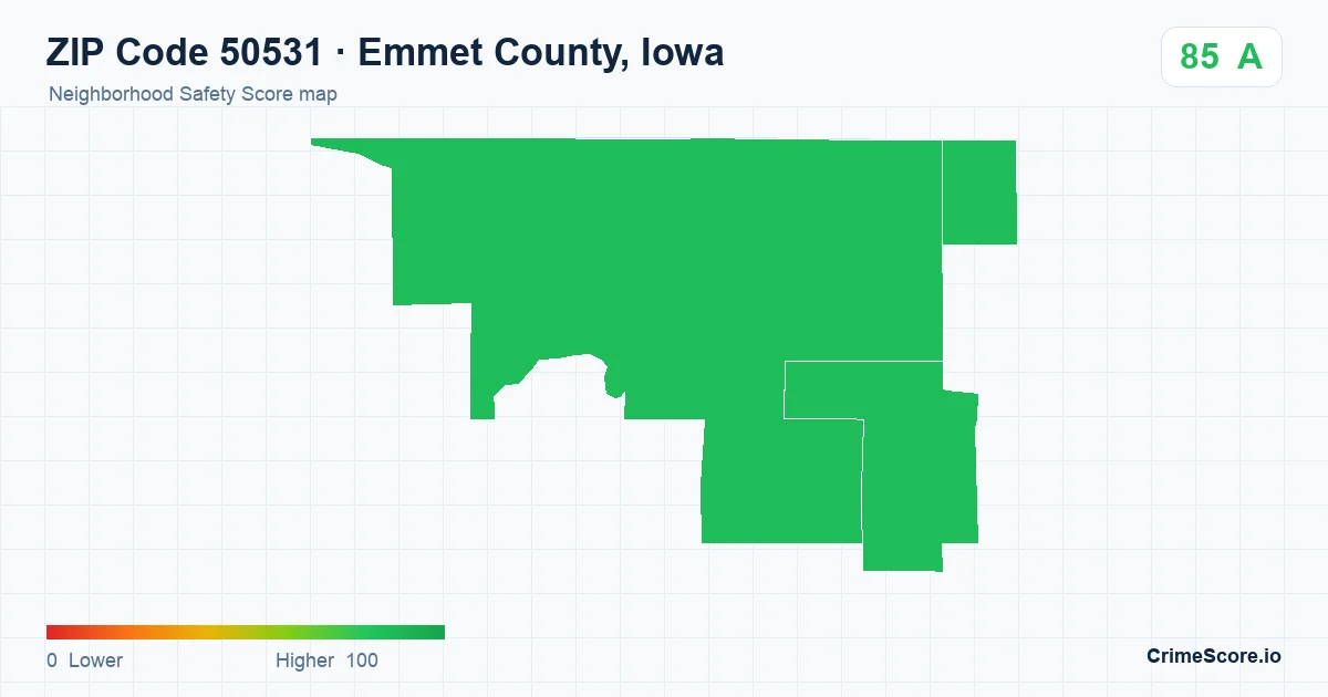 ZIP Code 50531 in Emmet County, Iowa neighborhood Safety Score map
