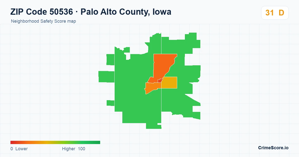 ZIP Code 50536 in Palo Alto County, Iowa neighborhood Safety Score map