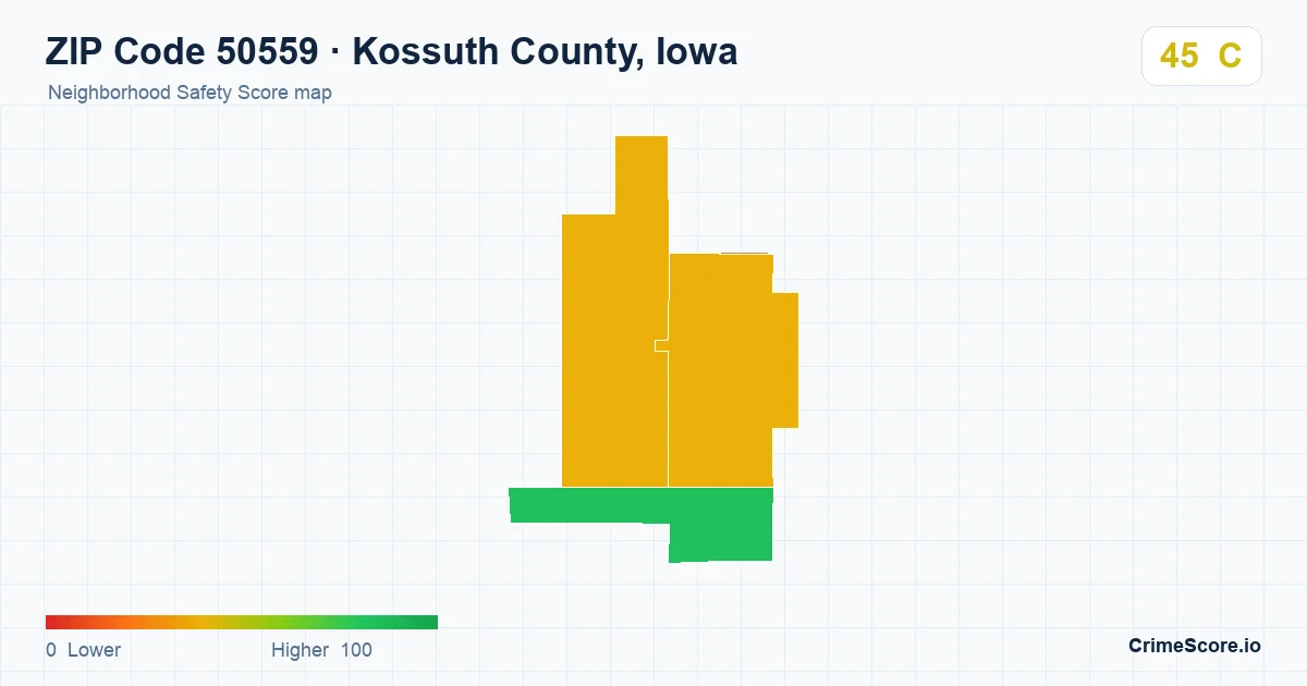 ZIP Code 50559 in Kossuth County, Iowa neighborhood Safety Score map