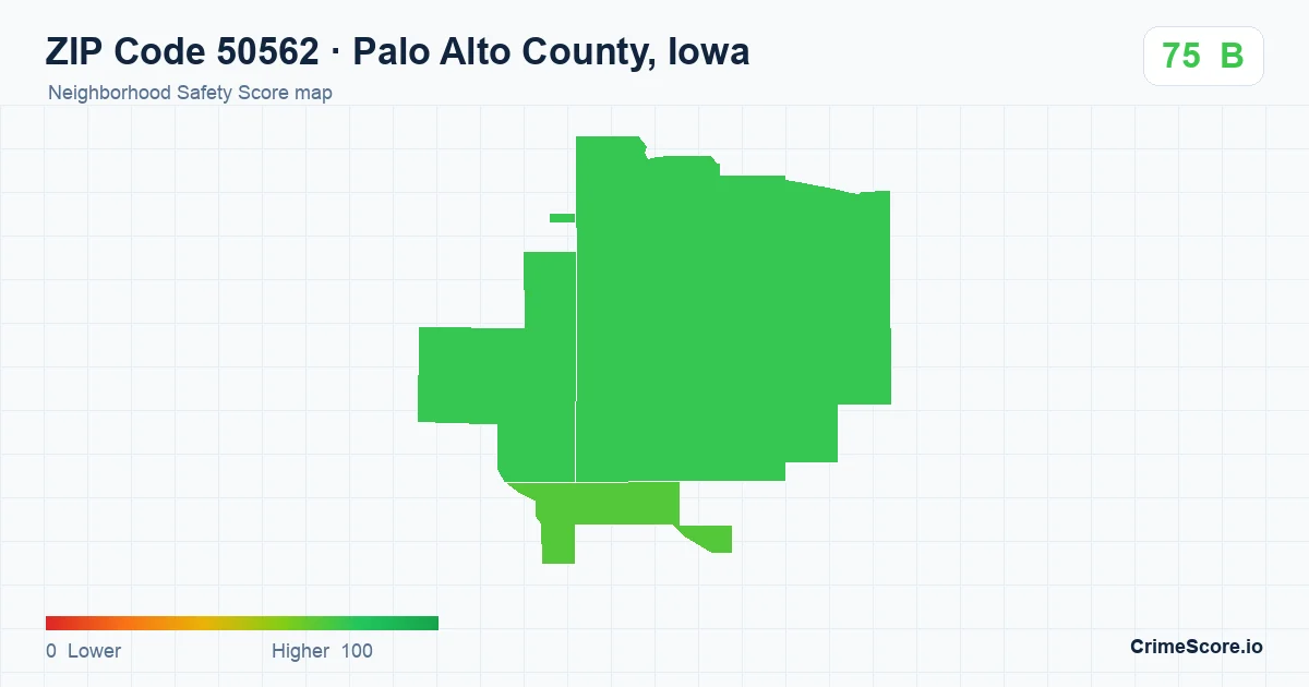 ZIP Code 50562 in Palo Alto County, Iowa neighborhood Safety Score map