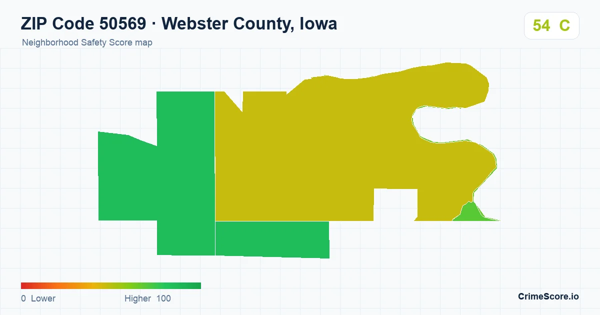 ZIP Code 50569 in Webster County, Iowa neighborhood Safety Score map