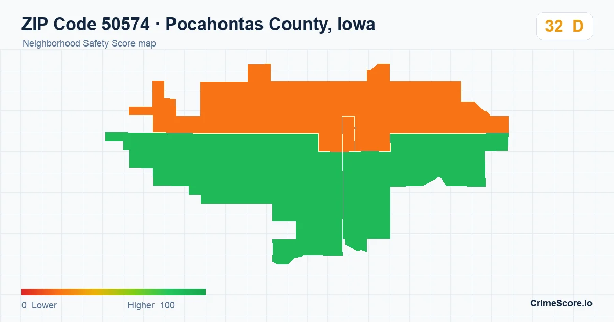 ZIP Code 50574 in Pocahontas County, Iowa neighborhood Safety Score map