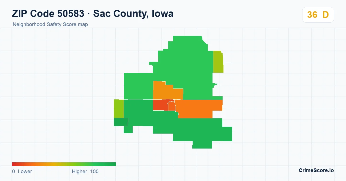 ZIP Code 50583 in Sac County, Iowa neighborhood Safety Score map