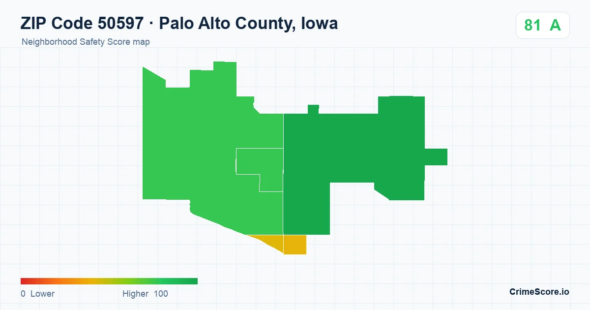 ZIP Code 50597 in Palo Alto County, Iowa neighborhood Safety Score map