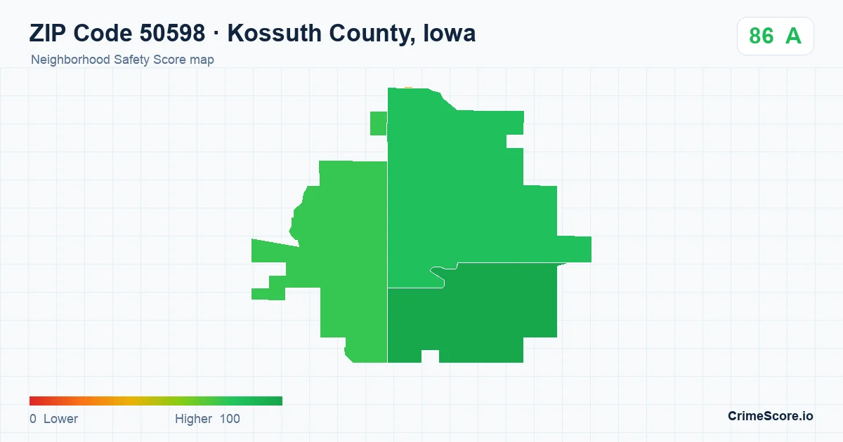 ZIP Code 50598 in Kossuth County, Iowa neighborhood Safety Score map