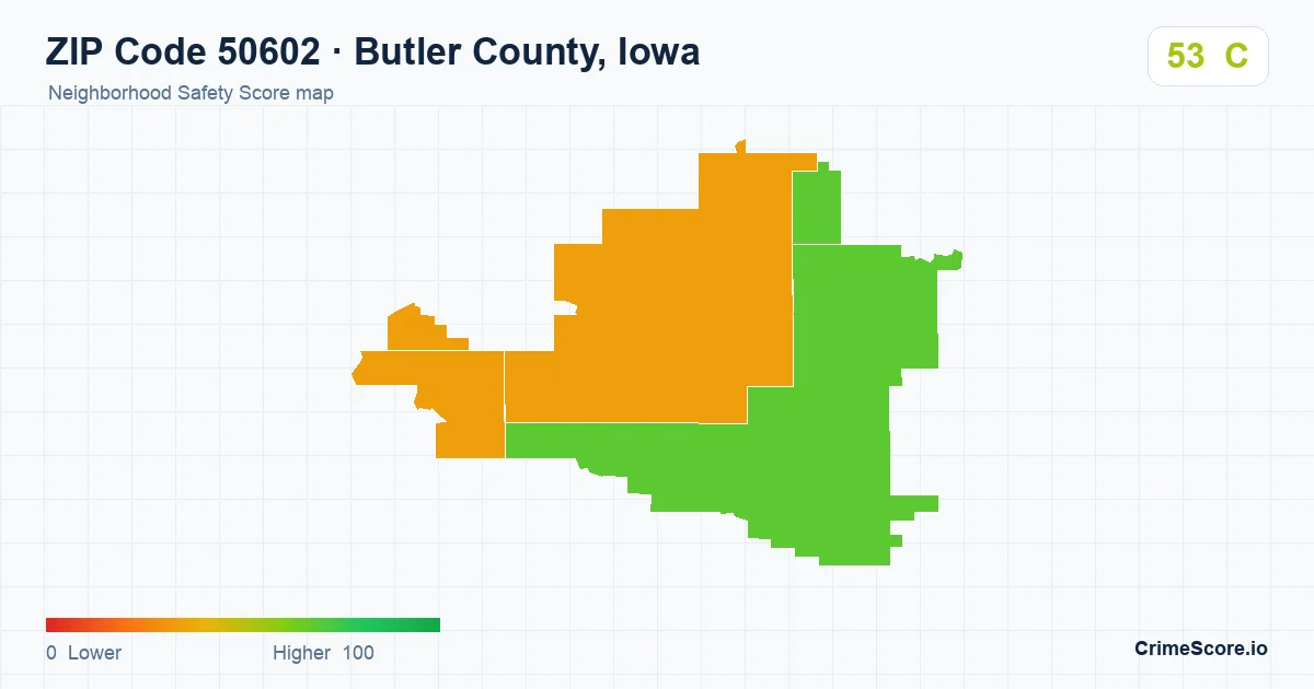 ZIP Code 50602 in Butler County, Iowa neighborhood Safety Score map