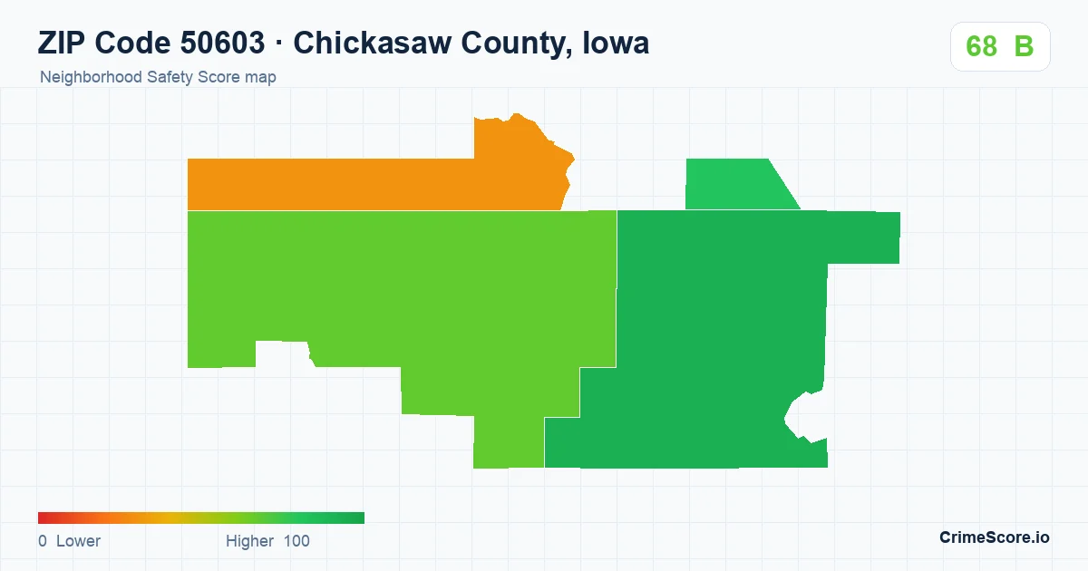 ZIP Code 50603 in Chickasaw County, Iowa neighborhood Safety Score map
