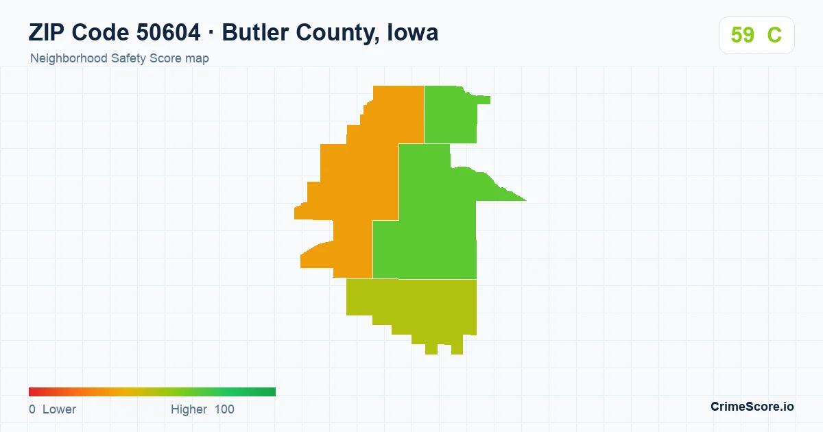 ZIP Code 50604 in Butler County, Iowa neighborhood Safety Score map