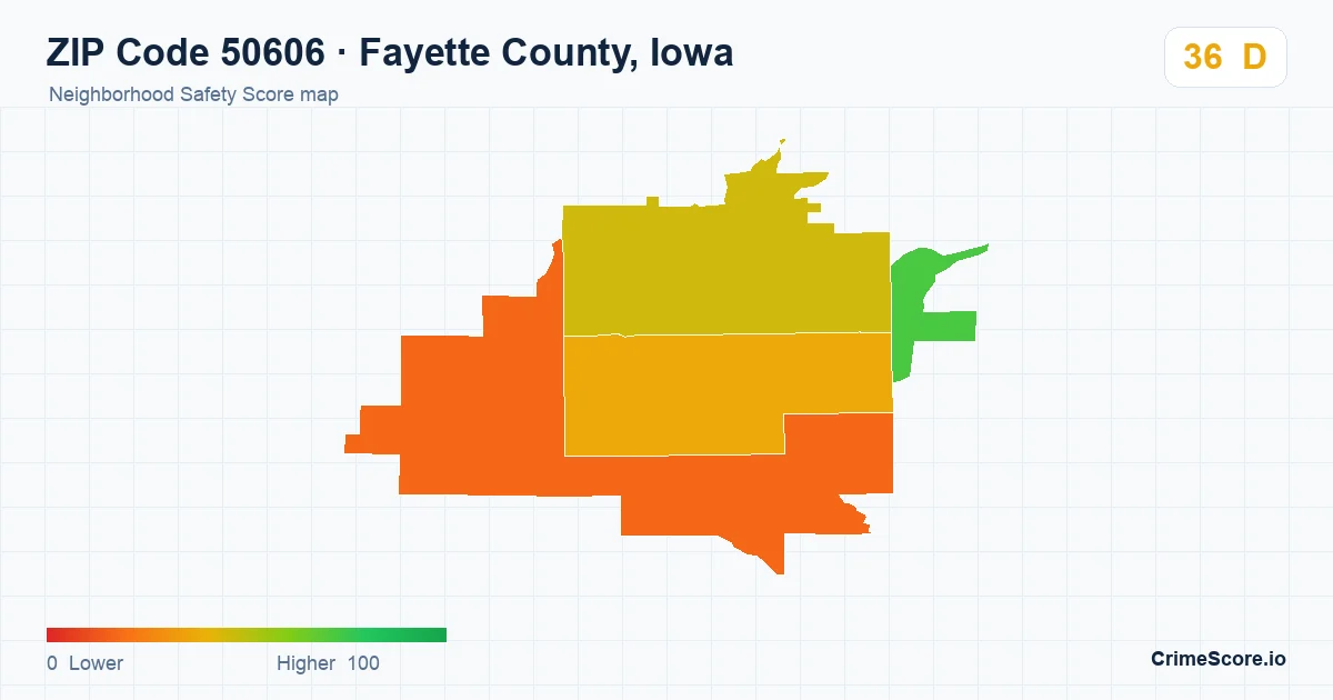 ZIP Code 50606 in Fayette County, Iowa neighborhood Safety Score map